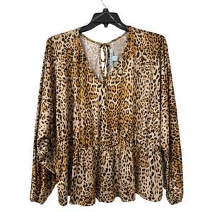 NWT Blue Sol 3X Blouse Animal Print Long Batwing Sleeve Gathered Waist Scoop Hem